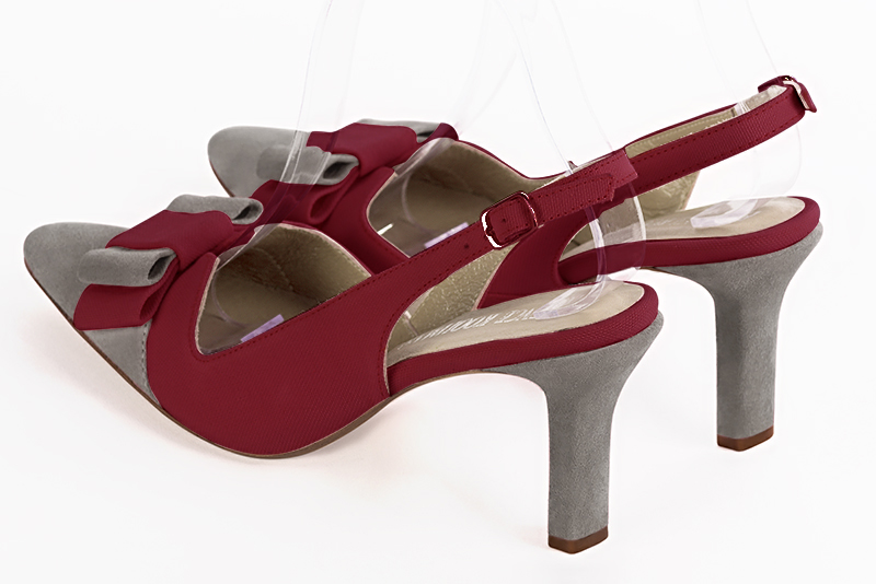Dove grey and burgundy red women's open back shoes, with a knot. Tapered toe. High slim heel. Rear view - Florence KOOIJMAN